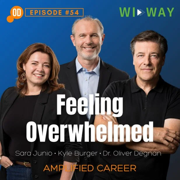 Three people standing together, smiling, with text overlay saying "Feeling Overwhelmed" and episode information. The background is blue.