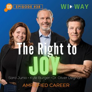 Three people standing together, smiling, with text overlay saying "The Right to Joy" and episode information. The background is blue.