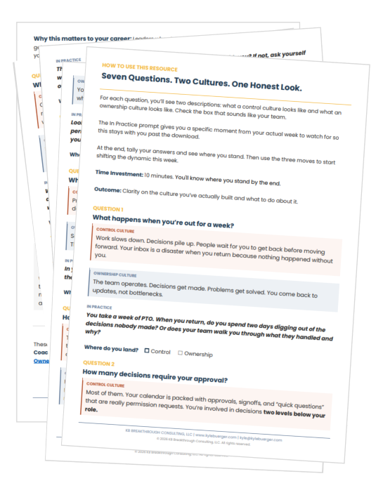 Stack of printed documents, with the top page titled 'Seven Questions. Two Cultures. One Honest Look.' and described as a guide on workplace culture and decision-making, including questions about working outside of work and approval processes.