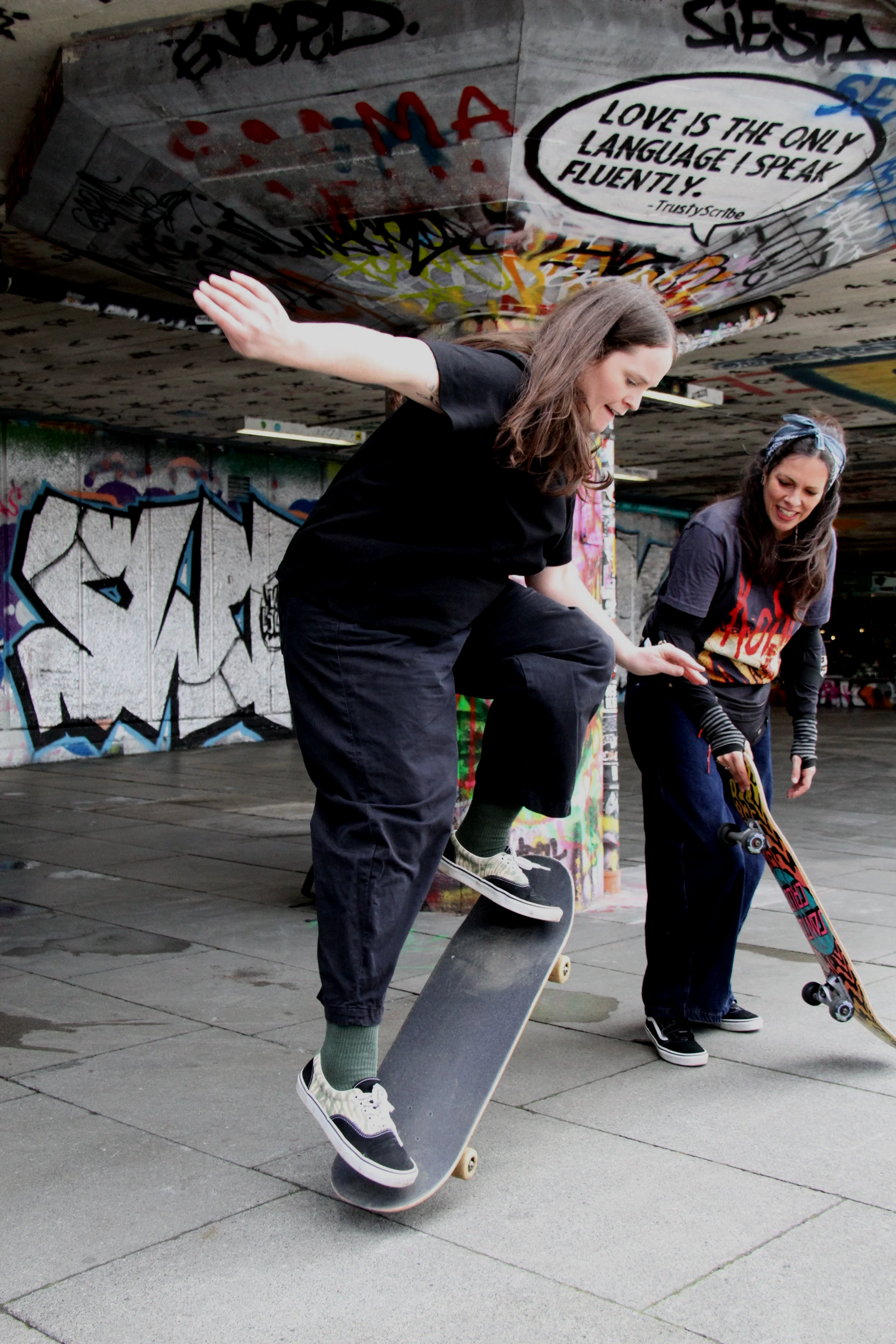 Jardena Templeton and Inês Dias-Francis of London Skate Mums working on new tricks.