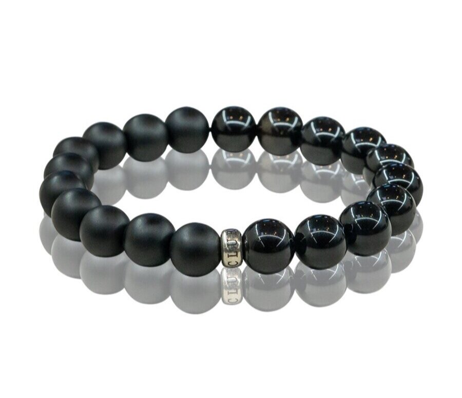 Forziani 10mm Shiny Black Onyx Beaded Bracelet for Men - Truth and Strength  - High Quality Stretch Black Gemstone Beads Mens Bracelet Size Large 
