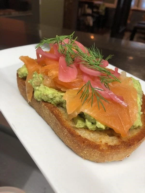 Cured Salmon Toast with Smashed Avocado, Pickled Onions, and Dill