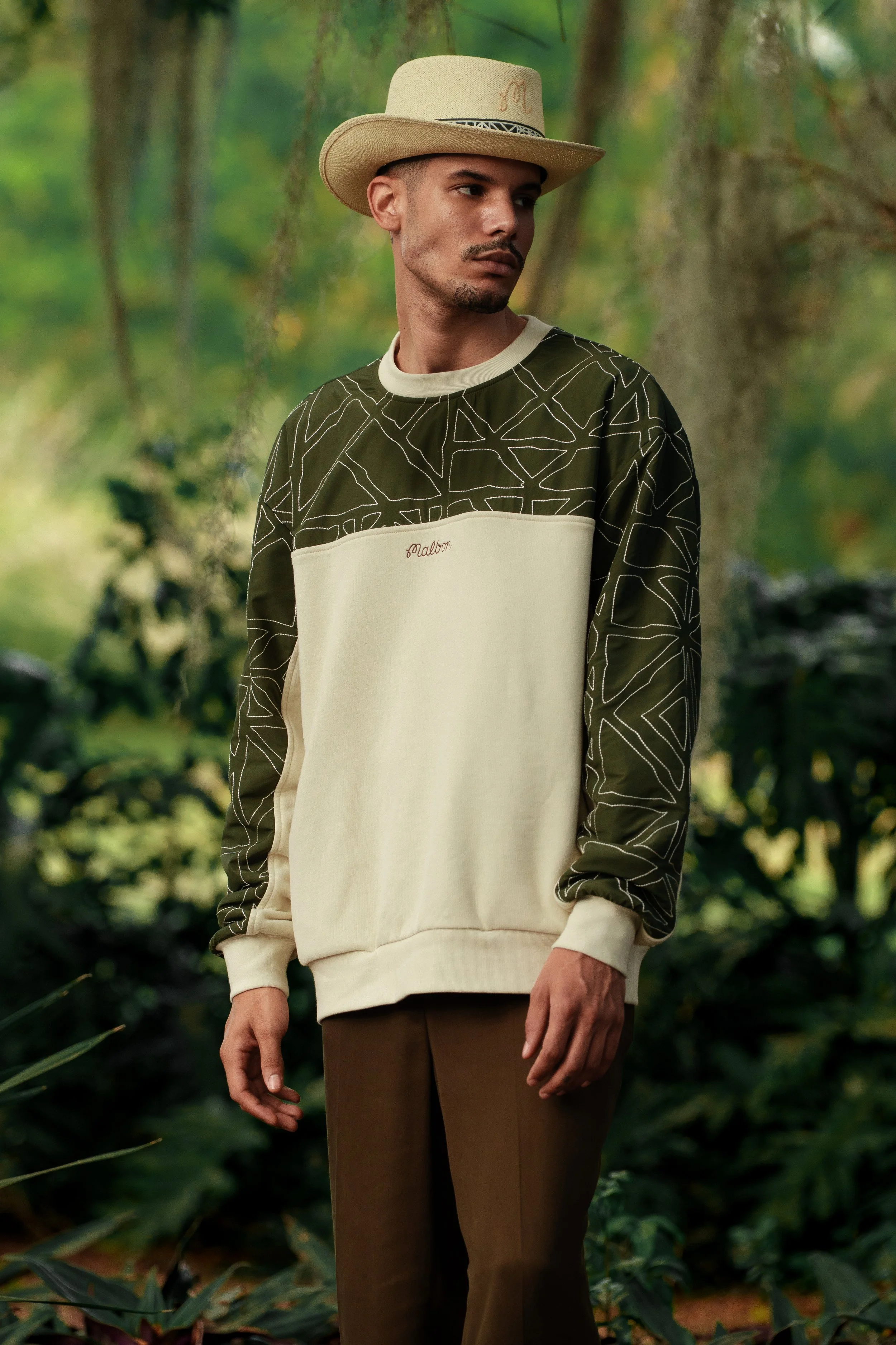 A man wearing a beige straw hat and a long-sleeved sweater with geometric patterns on the shoulders and sleeves, standing outdoors in a green forest, looking to the side. Malbon