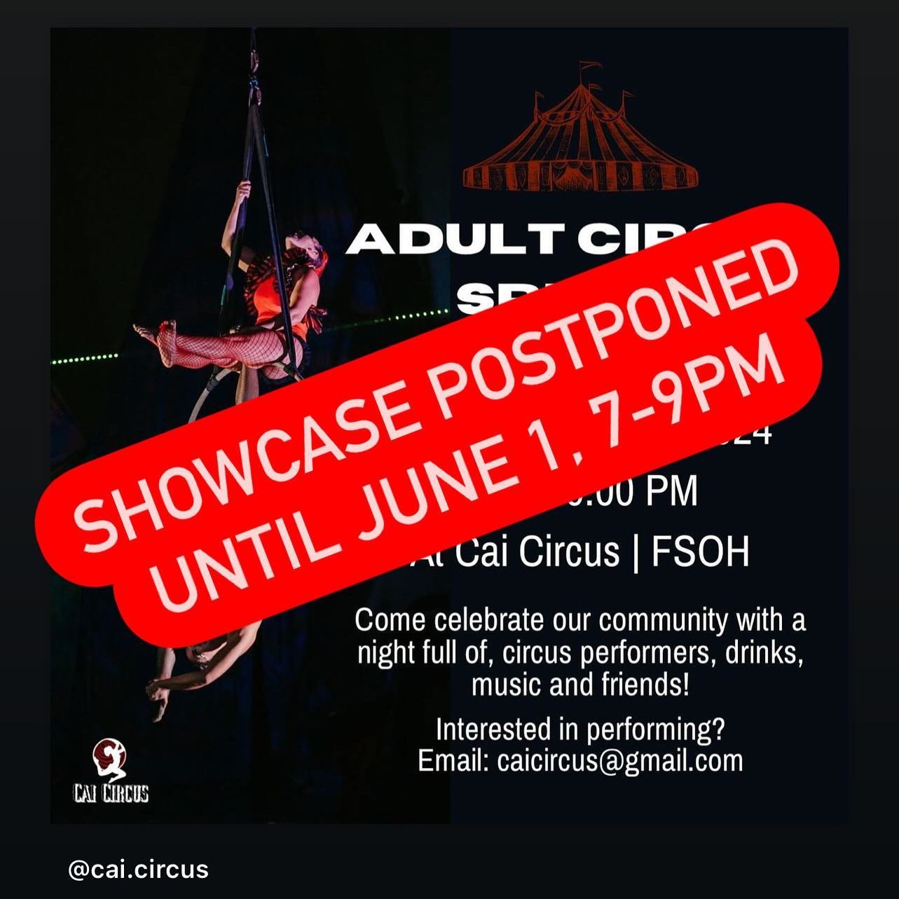 Sadly, due to the weather we have had to postpone our Spring showcases to June 1st. If you purchased tickets through eventbrite and would like a refund, please email CaiCircus@gmail.com - y&rsquo;all stay safe out there!