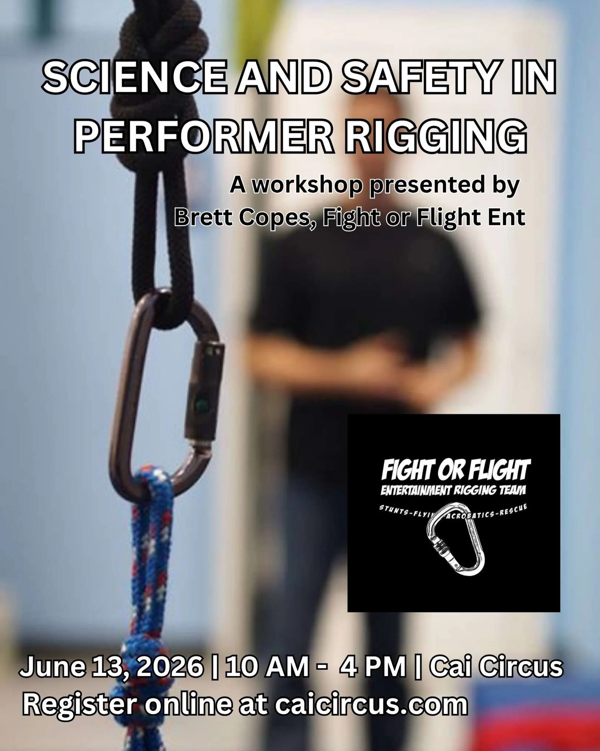 RIGGING WORKSHOP with Brett Copes of @fightorflightent 
June 13, 2026 | 10AM - 4PM

Build your rigging knowledge with this 6-hour hands-on and lecture-based training designed for aerialists, coaches, and production crews.

Covers:
&bull; Loads and sa