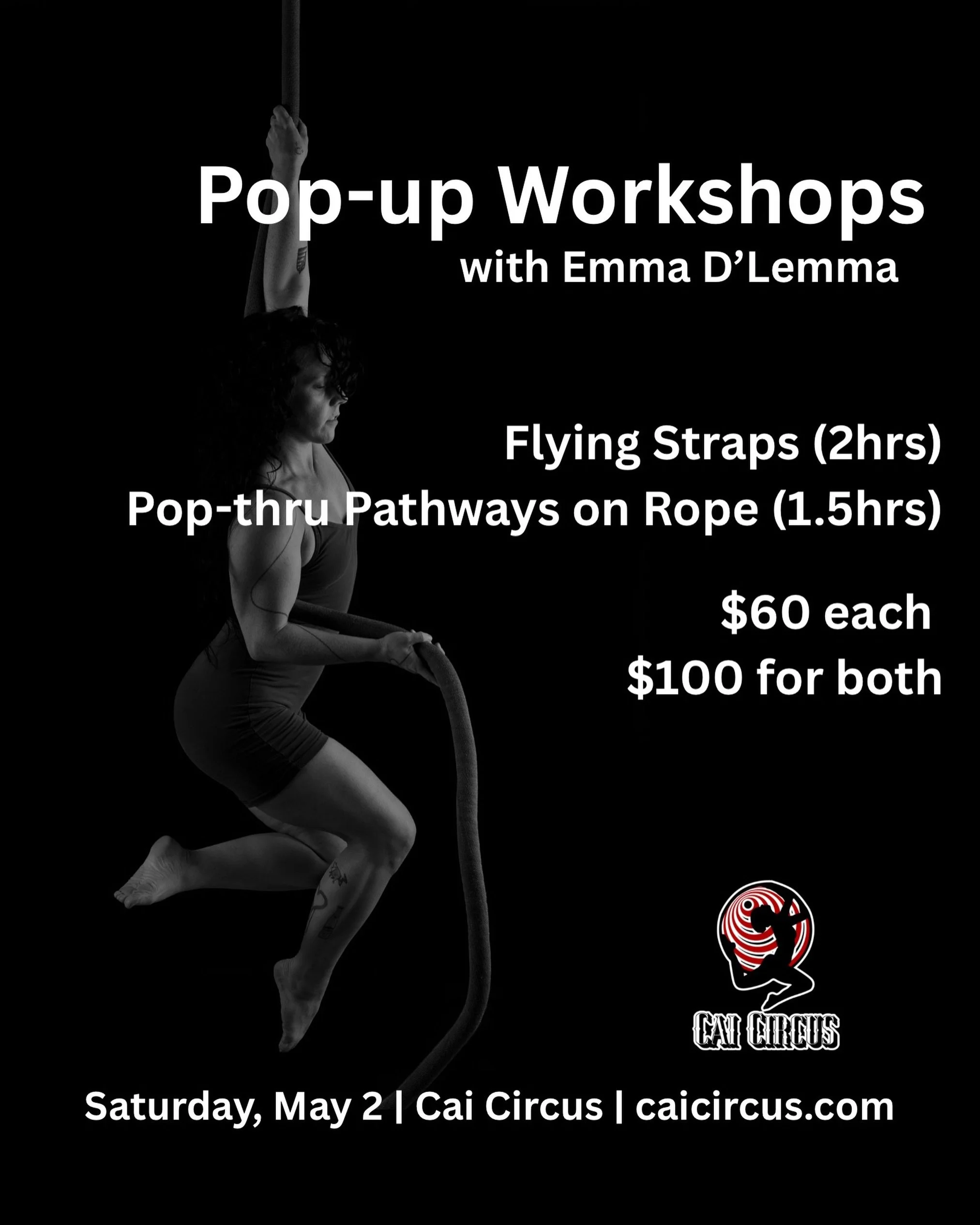 ATTENTION HOUSTON STRAPS &amp; ROPE COMMUNITY! 

Big news! We&rsquo;re hosting Emma D&rsquo;lemma for TWO pop-up workshops this Saturday, May 2 at Cai Circus!

✨ Flying Straps (2HRS)
✨ Pop-Through Pathways (Rope) (1.5HRS)

Whether you&rsquo;re lookin