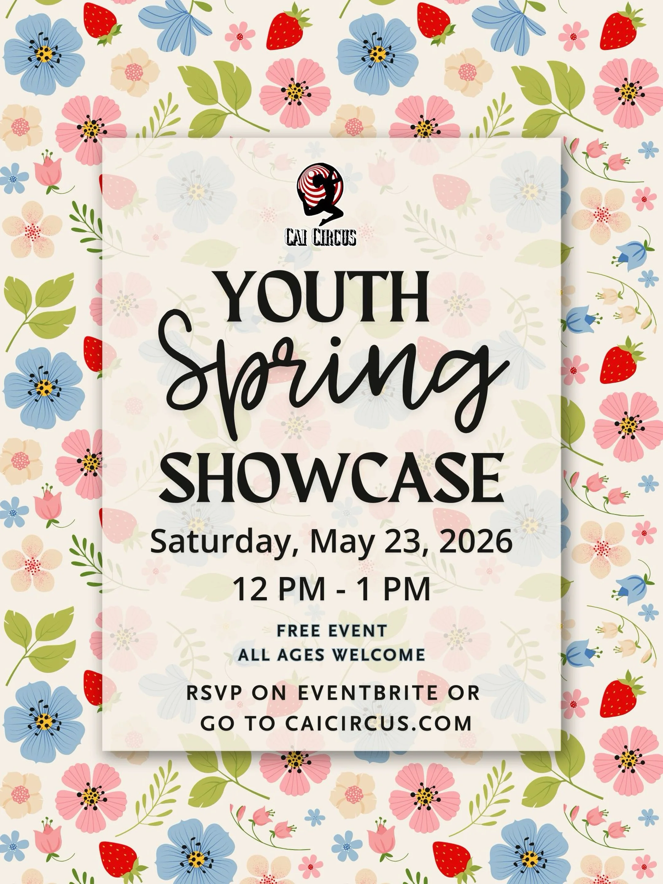 This coming Saturday! Excited to see what our youth students have been working on this semester. Join us in celebrating all their aerial and circus accomplishments! 🌸🌼

#caicircus