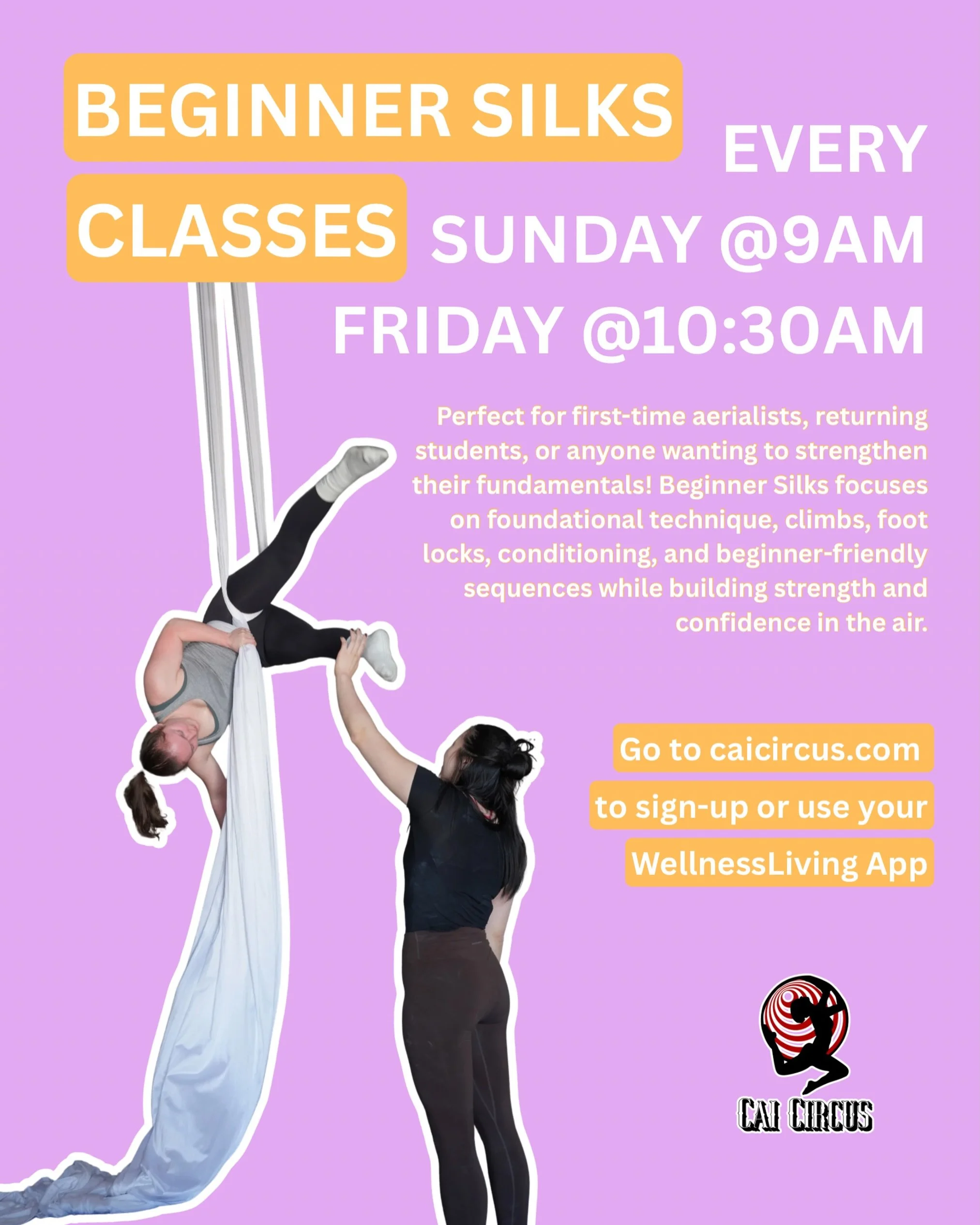 New Beginner Silks Class on the schedule! Sunday @9AM 

Perfect for first-time aerialists, returning students, or anyone wanting to strengthen their fundamentals! Learn climbs, foot locks, conditioning, and beginner-friendly sequences while building 