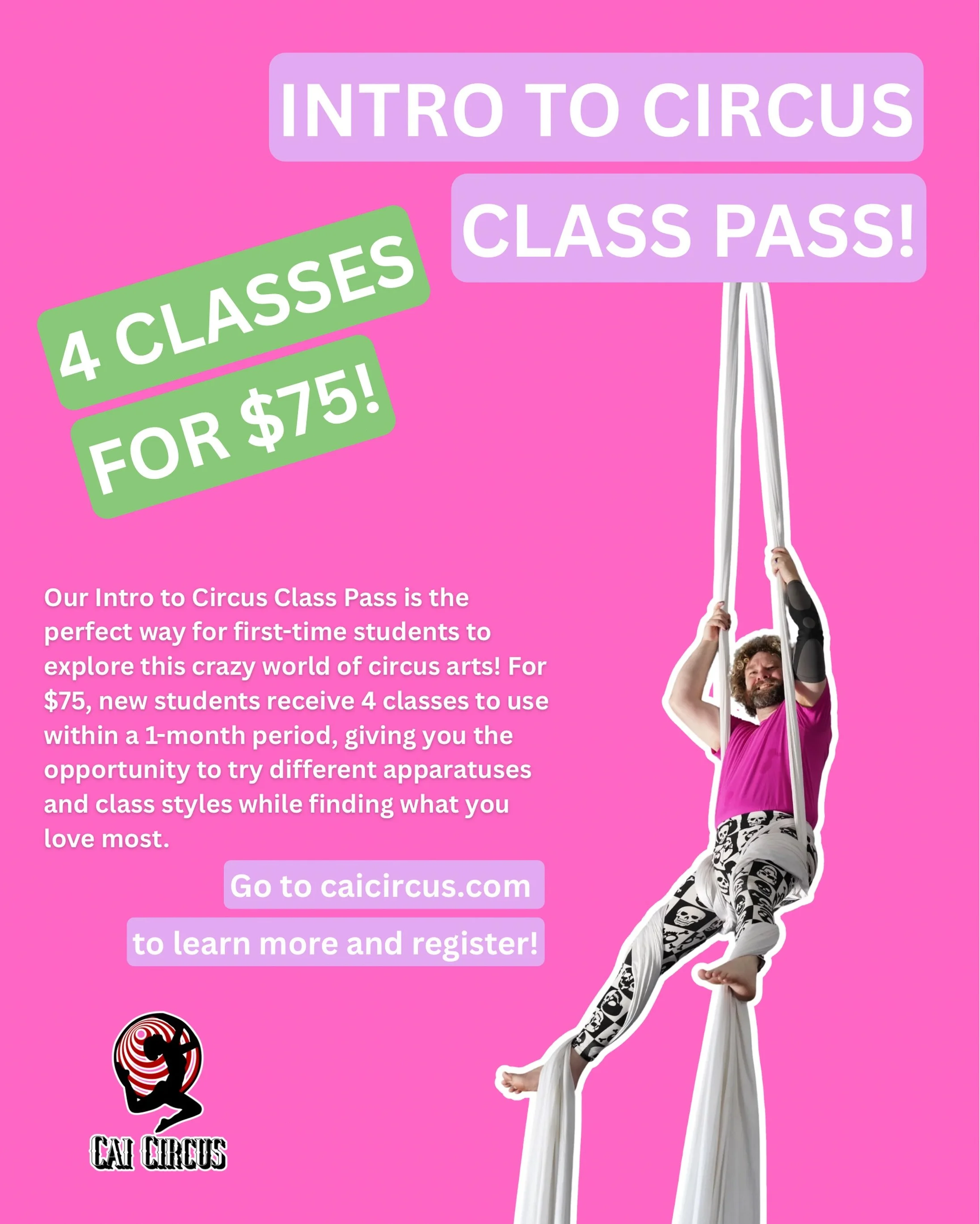 NEW INTRO CLASS PASS 🚨 🎪
Ready to join the circus? Our Intro to Circus Class Pass is the perfect place to start!

For just $75, first-time students get 4 adult classes to use within 1 month, giving you the chance to explore different apparatuses, t