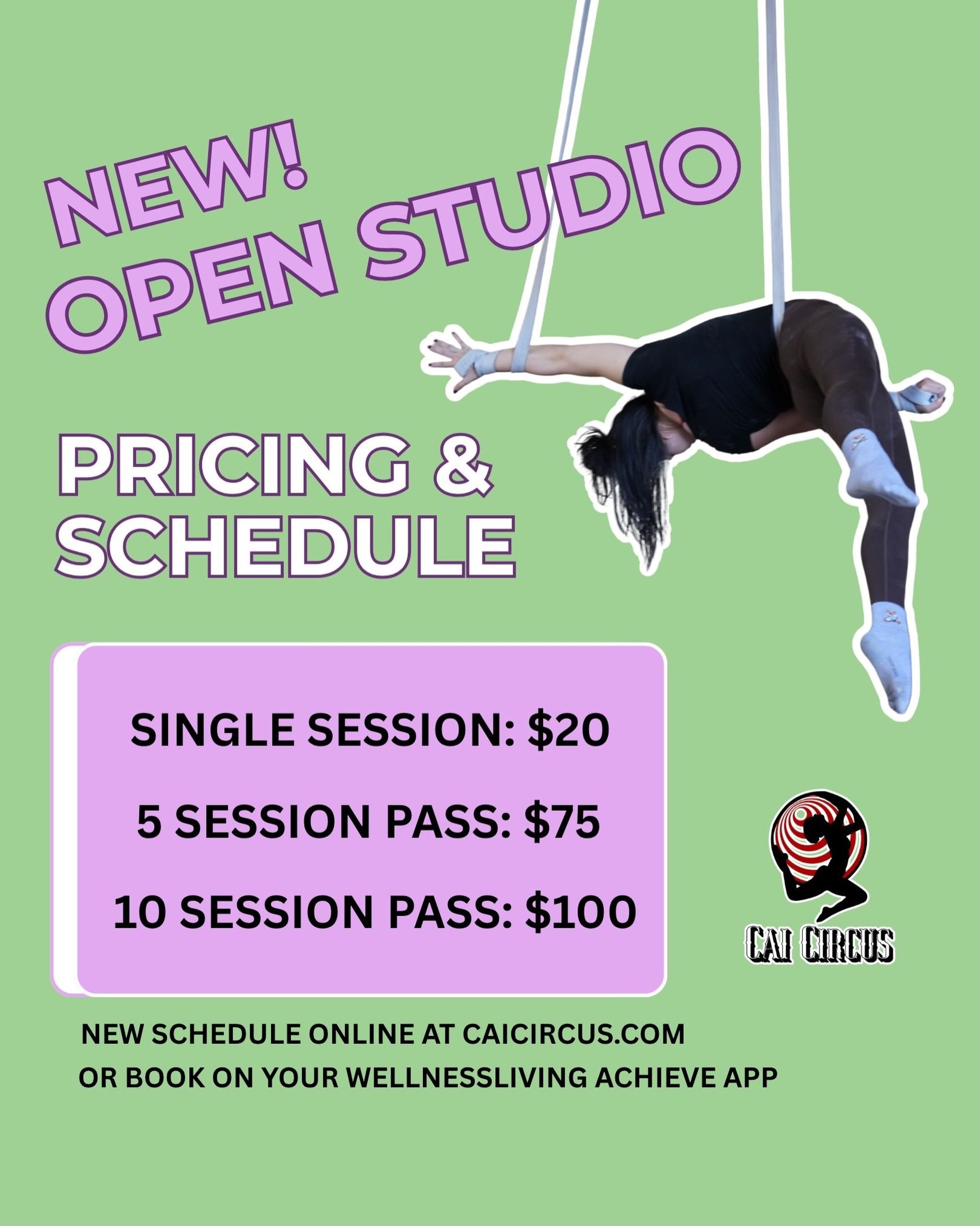 Yay! More opportunities for training at your local circus 🎪

Our Open Studio&rsquo;s have undergone some changes and we are happy to be able to offer more training times, and pricing options!

- New schedule now live
- Updated pricing available
- Re