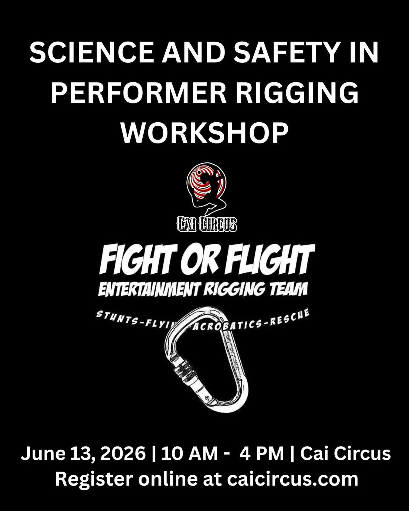THIS SATURDAY!

RIGGING WORKSHOP with Brett Copes of @fightorflightent 
June 13, 2026 | 10AM - 4PM

Build your rigging knowledge with this 6-hour hands-on and lecture-based training designed for aerialists, coaches, and production crews.

Covers:
&bu