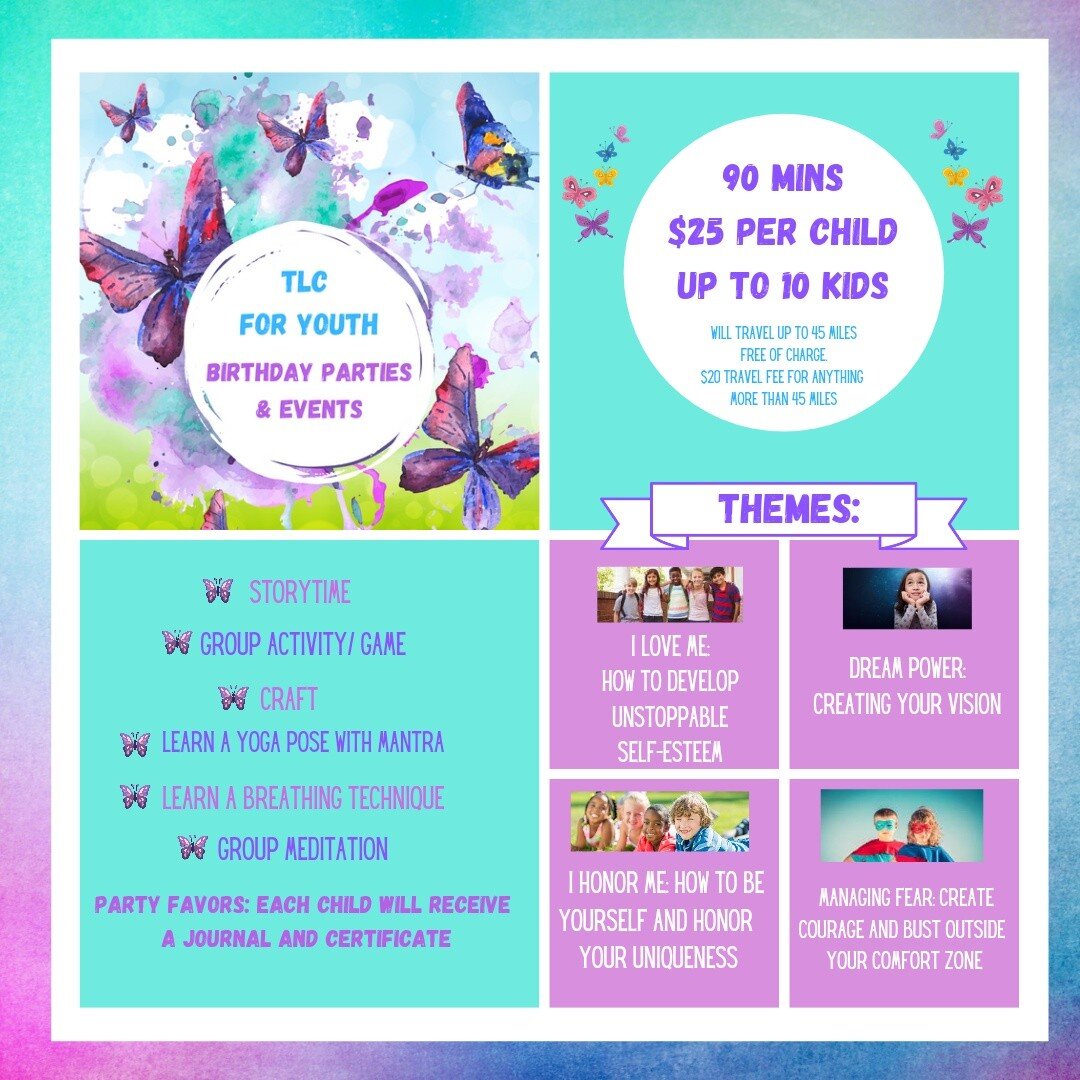 Good morning! Here are the details for TLC's Birthday Parties/Events! For ages 6-12 years old.If you have any questions or would like to book a party/event please contact me at:

coachtara4kids@gmail.com

#tlcforyouth #lifecoachingforkids #lifecoachi