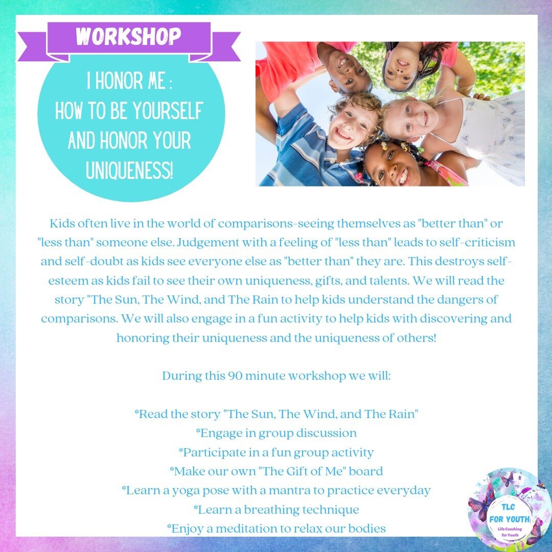 Details for my upcoming workshop at Kindred Wellness Cafe ! 

&quot;I Honor Me: How to Be Yourself and Honor Your Uniqueness&quot;

July 24  11 am-12:30 an
Ages: 6 -12

$30 Per Child

To register for this workshop please email at:
kindredwellnesscafe