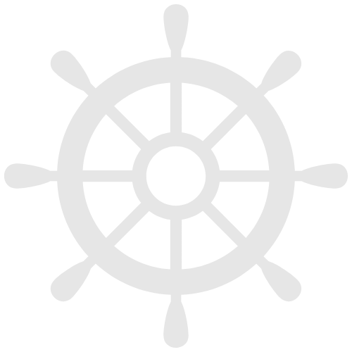 White ship steering wheel icon on black background