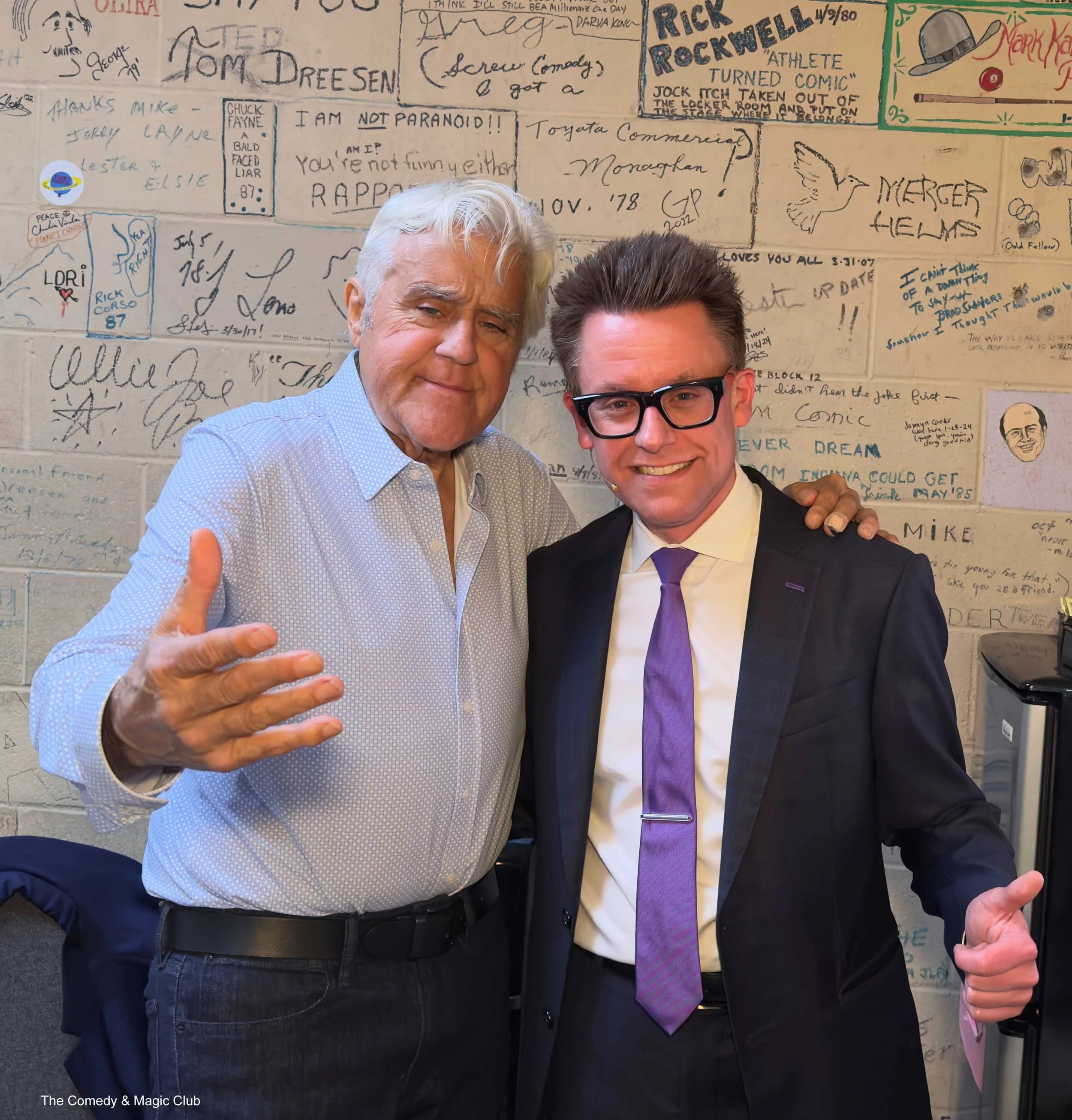 A photo taken backstage at The Comedy & Magic Club of Arthur Trace and Jay Leno.