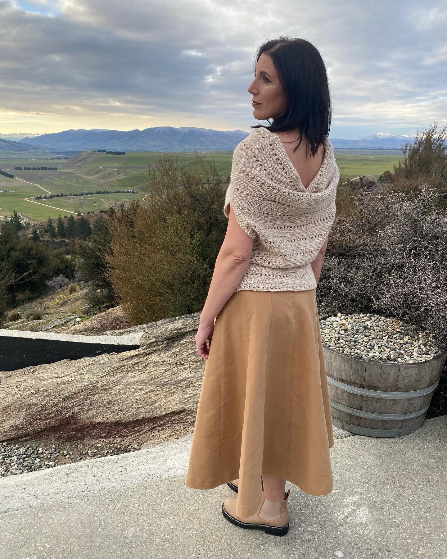 Liz Mitchell&rsquo;s Handknit back drape top with camel moleskin skirt and the dramatic Central Otago landscape from The Canyon, Tarras. Wool On is a special design competition that&rsquo;s focus is  on Wool, design and creativity. #woolon #thecanyon