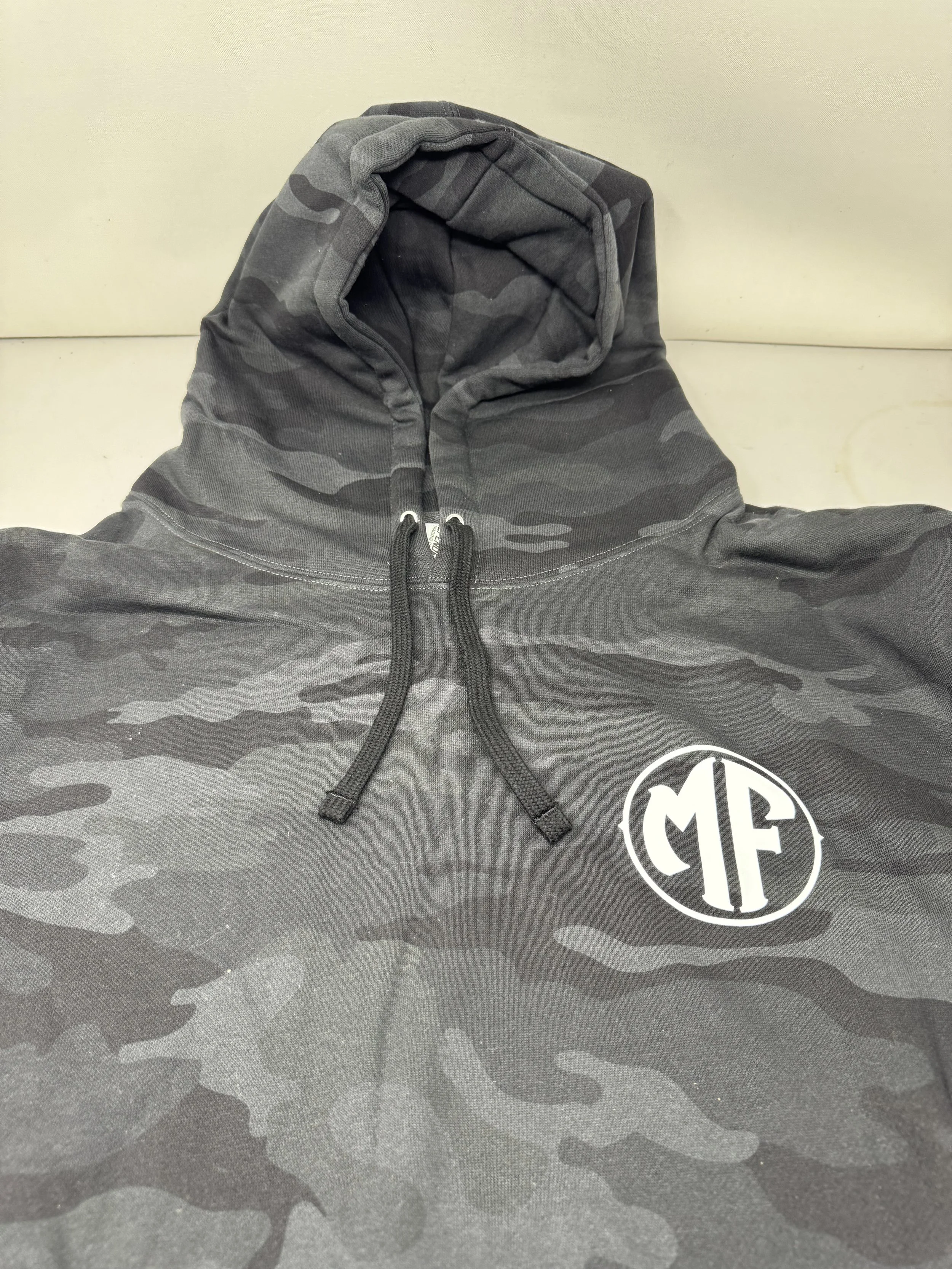 Major Farms black camo hoodie printed on front and back license # on  the back neck