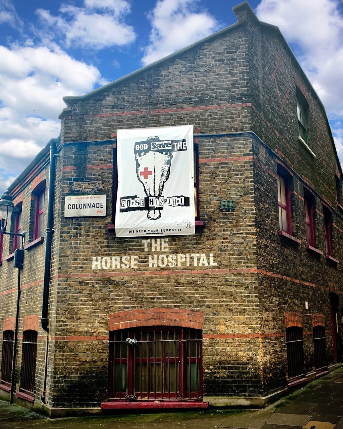 The Horse Hospital, Colonade, Bloomsbury, London WC1 - grade II listed not-for-profit independent arts venue. Built 1797 with London bricks and amazingly still very original. Venue under pressure re rent so fighting for survival. Large banner outside
