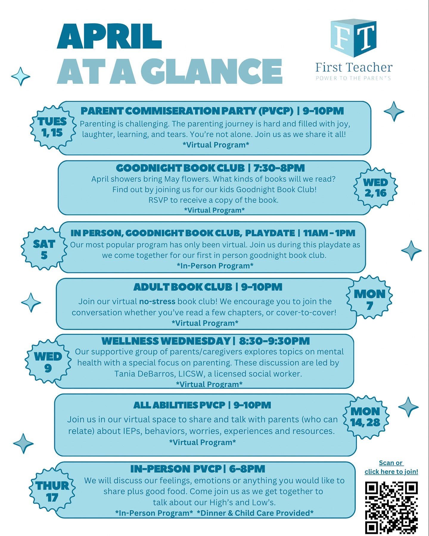 Spring is here, and so are new chances to learn, connect, and grow with our First Teacher families! 💙 Celebrate Autism Awareness Month, join us for 3 Book Clubs, and get ready for Día de los Niños and more!
RSVP Link in bio!