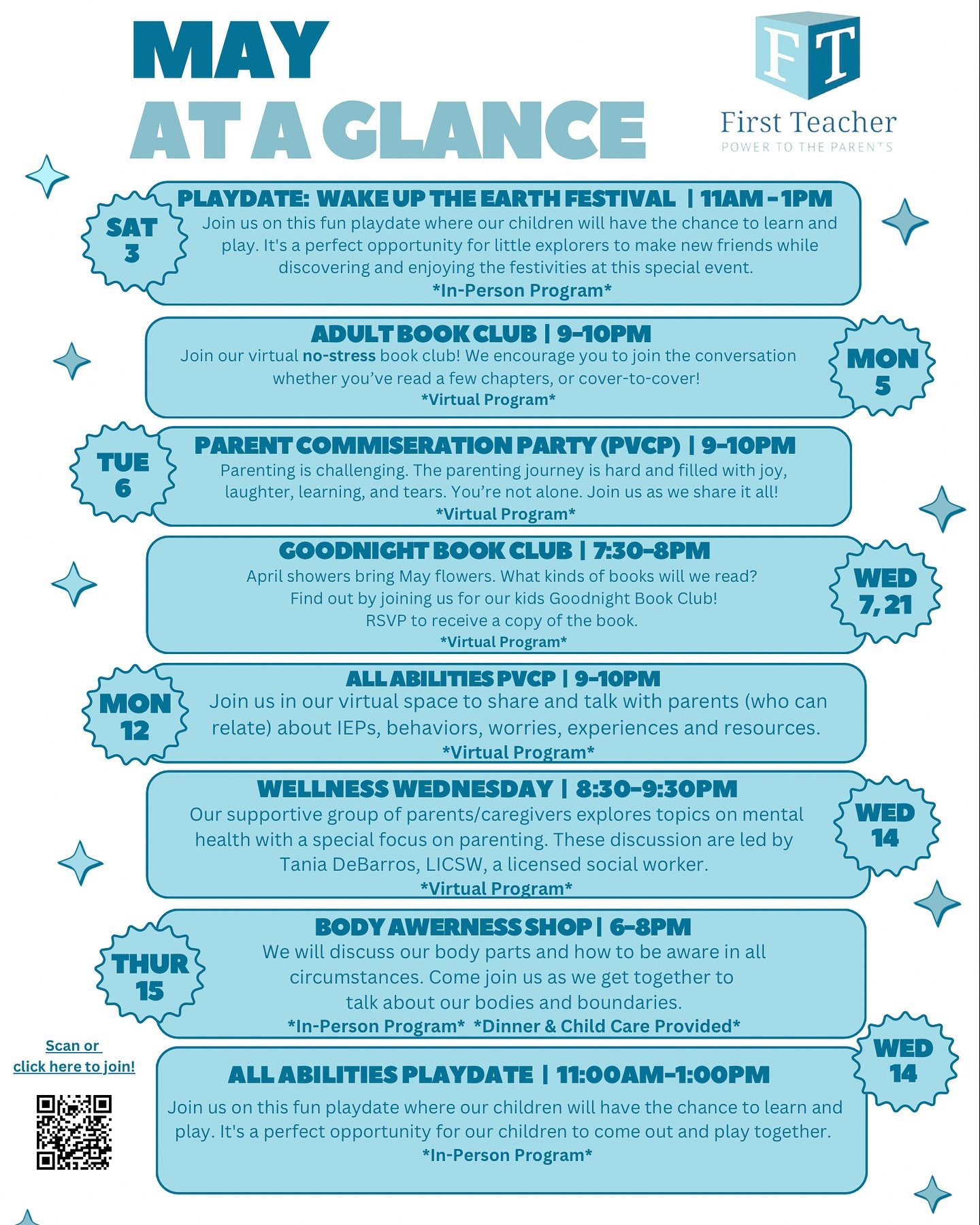 🌸 May is blooming with fun at First Teacher! From playdates to book clubs, Zumba to parent support—there’s something for everyone. Don’t miss out! RSVP link in our bio!!
#FirstTeacherBoston #FamilyFun #ParentSupport #CommunityConne