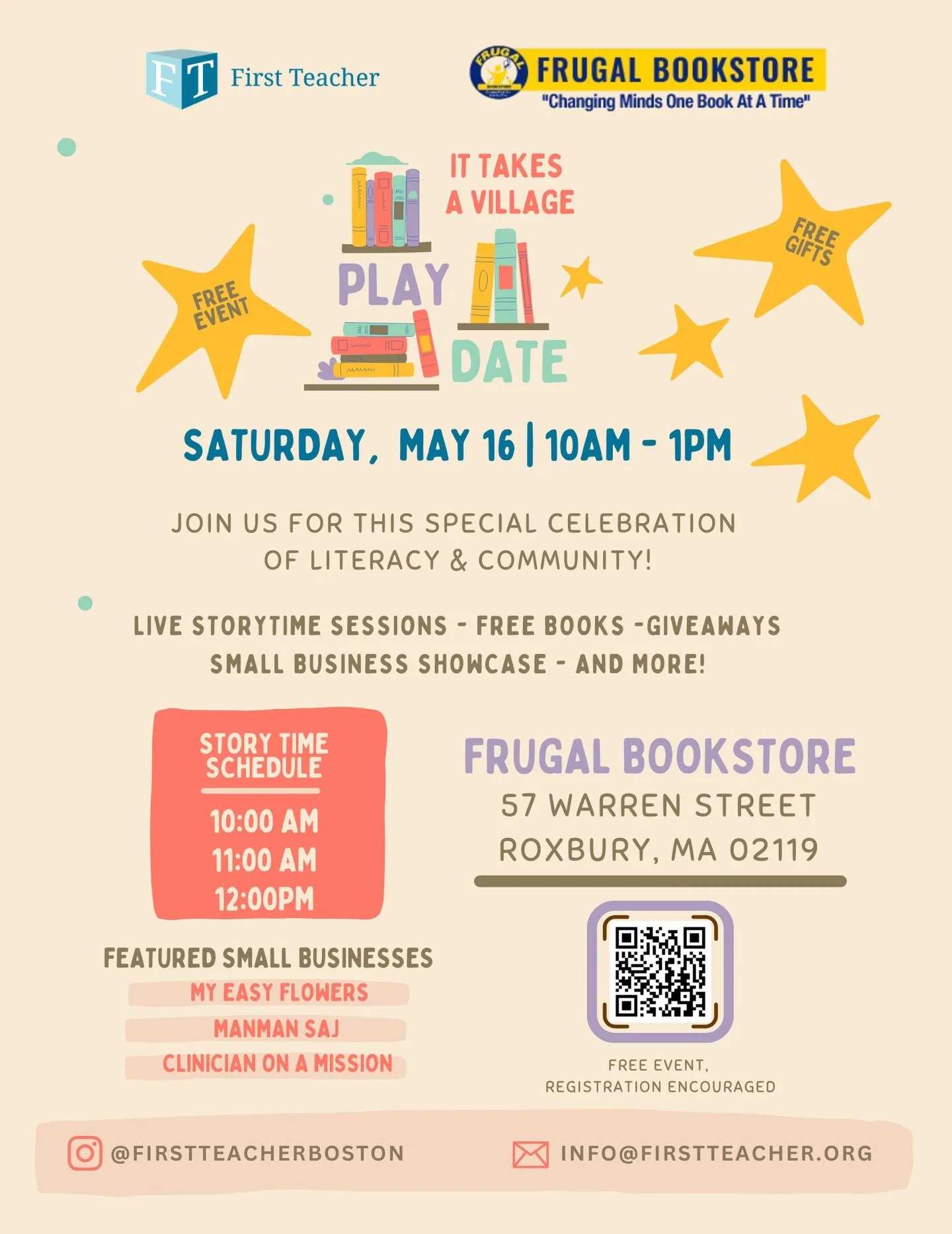 We&rsquo;re beyond thrilled for this weekend&rsquo;s upcoming play date at @frugalbooks! Stop by from 10AM&ndash;1PM for a morning of literacy, community, and connection with local families! 

Our venue partner &amp; friends, Frugal Books, will be pa