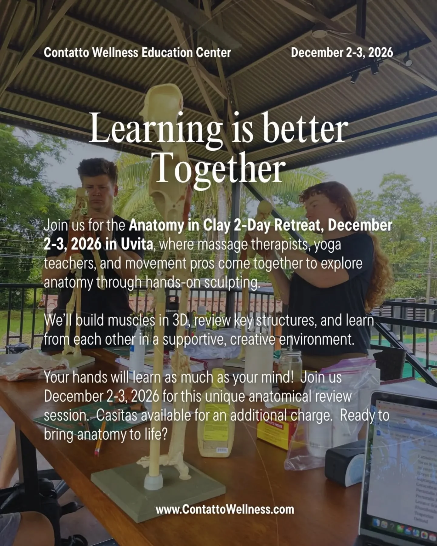 Our Anatomy In Clay retreat is coming up in December - so come stay with us in beautiful Costa Rica, get your hands dirty, and play with some clay!

www.contattowellness.com/upcoming-retreats

#MassageTherapist #MassageTherapyLife #LMT #LMTlife #NCBT