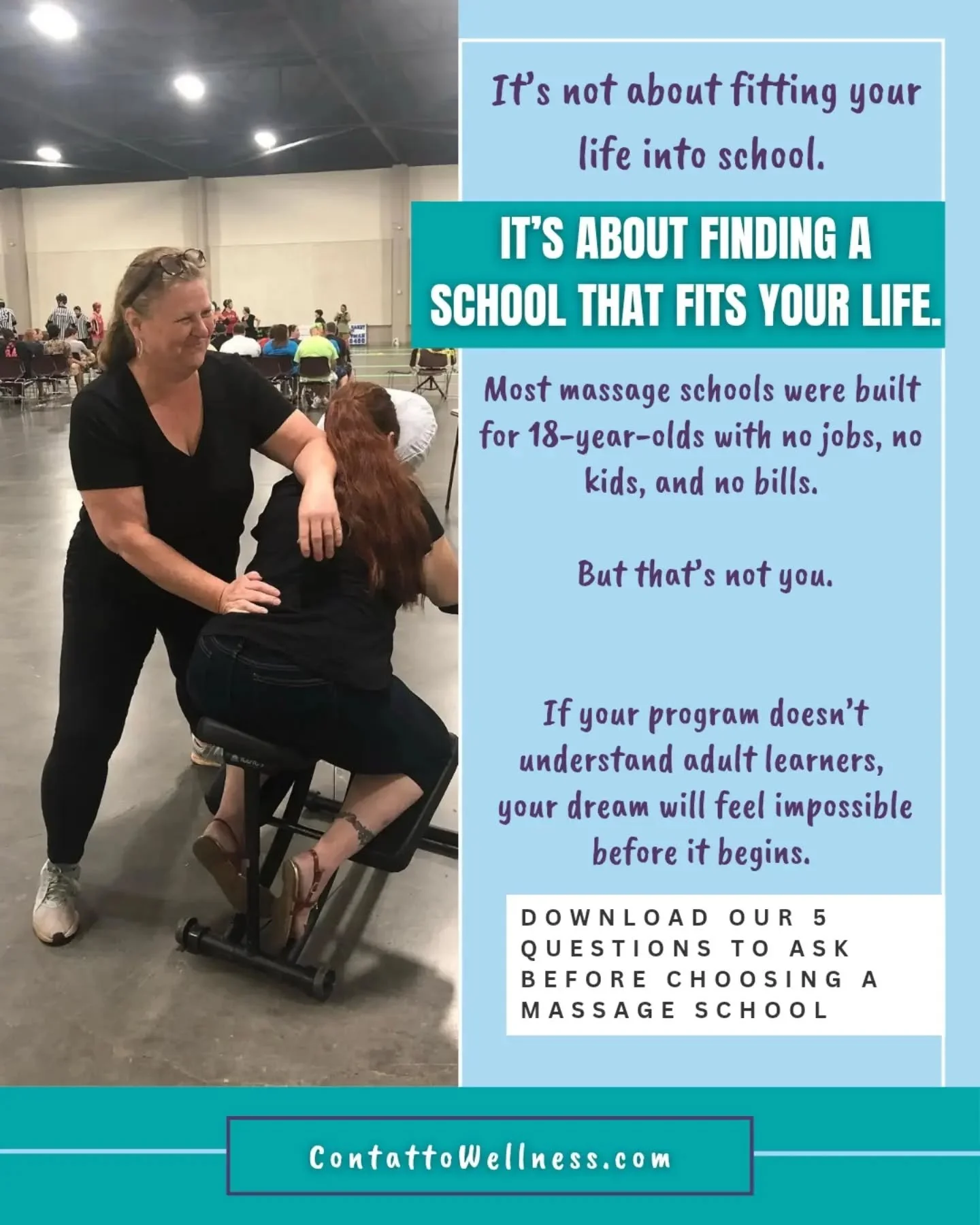 Don't choose a massage school until you ask these 5 questions!  Sign up for our email list &amp; download your free guide.

www.contattowellness.com

#ContattoWellness #MassageSchool #MassageTraining #LearnMassage #MassageGuide