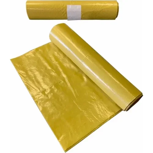 Gul plastikpose og rulle med tynd plastikfilm.