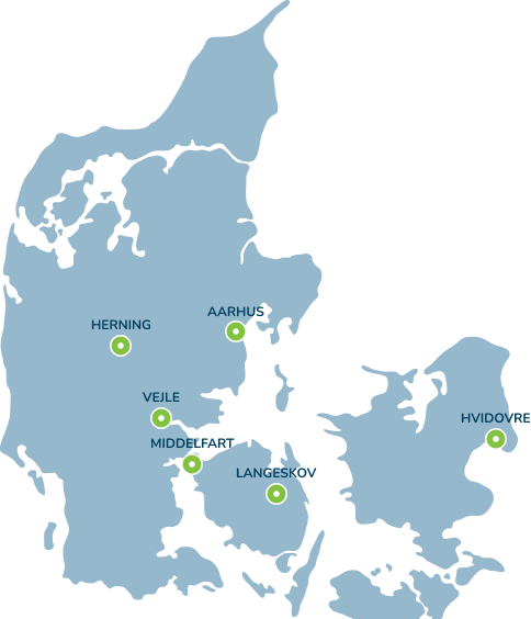 Danmarkskort med lokationerne: Herning, Århus, Vejle, Middelfart, Langeskov og Hvidovre.