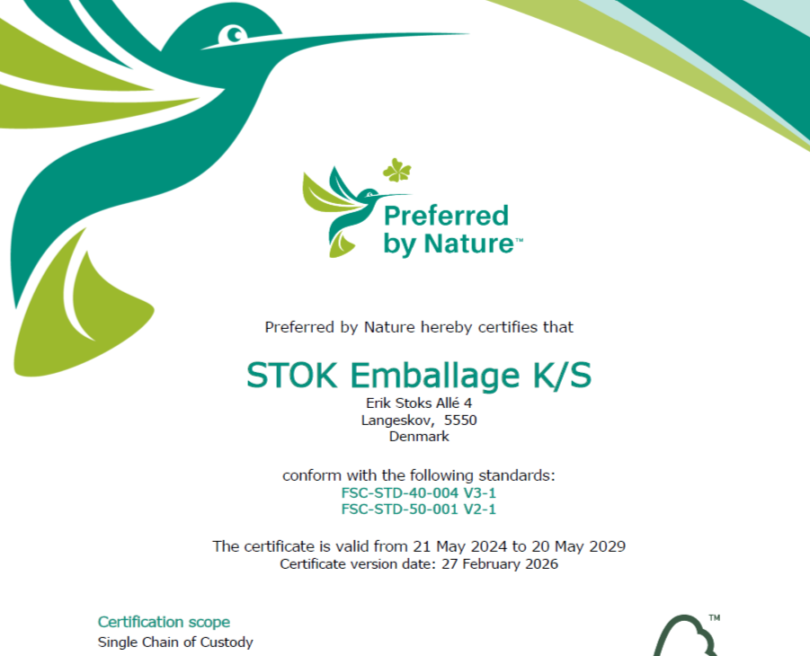 Certifikat for STOK Emballage K/S med FSC-mærke, uddelt af Preferrred by Nature, gældende fra 21. maj 2024 til 20. maj 2029, certificering for enkeltkæde af forvaltning.