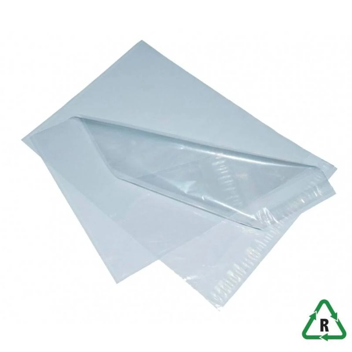 En gennemsigtig plastpose med en klap til at forsegle den, placeret på en hvid baggrund.