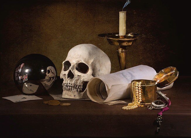 #Vanitas is a genre of still life painting which flourished in the Netherlands in the 17th century. It was previously painted on the back of portraits of people as a reminder of death but then became a genre of its own. 

Vanitas includes various sym