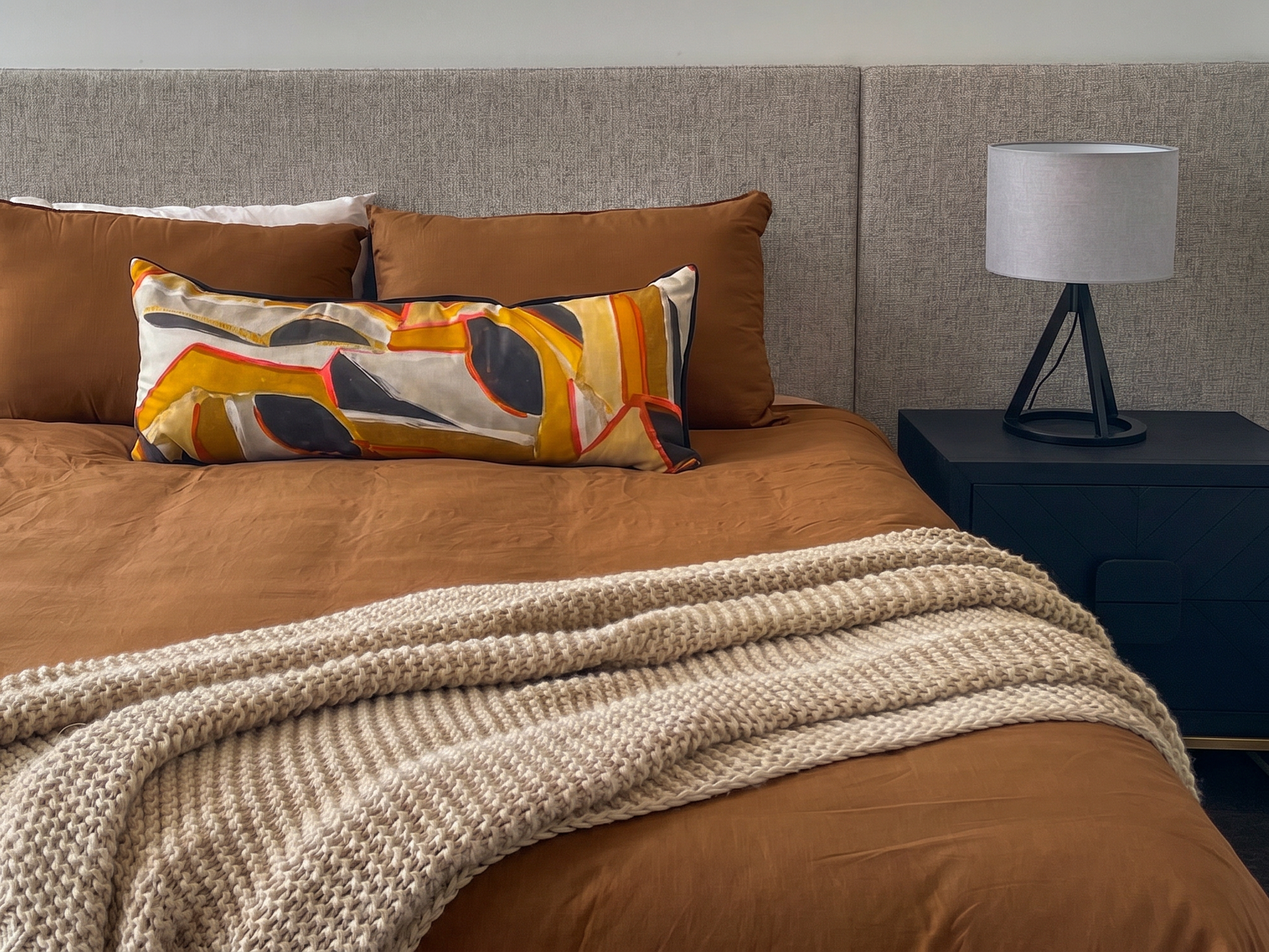 Custom Bed Head and Cushion - terracotta tones