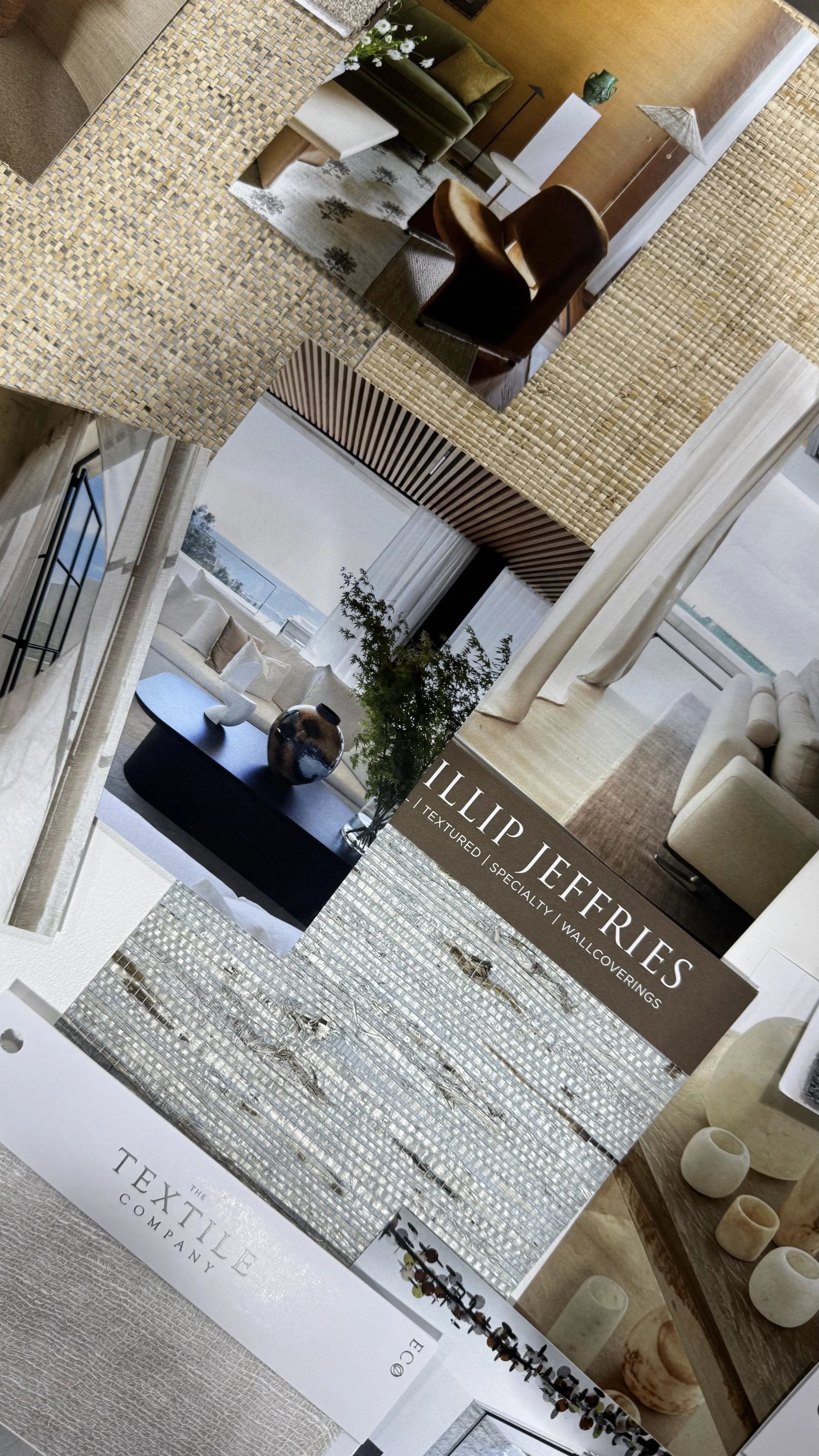 A collage of interior design images including furniture, decor, and wall treatments, with a focus on textured walls and wallcoverings.