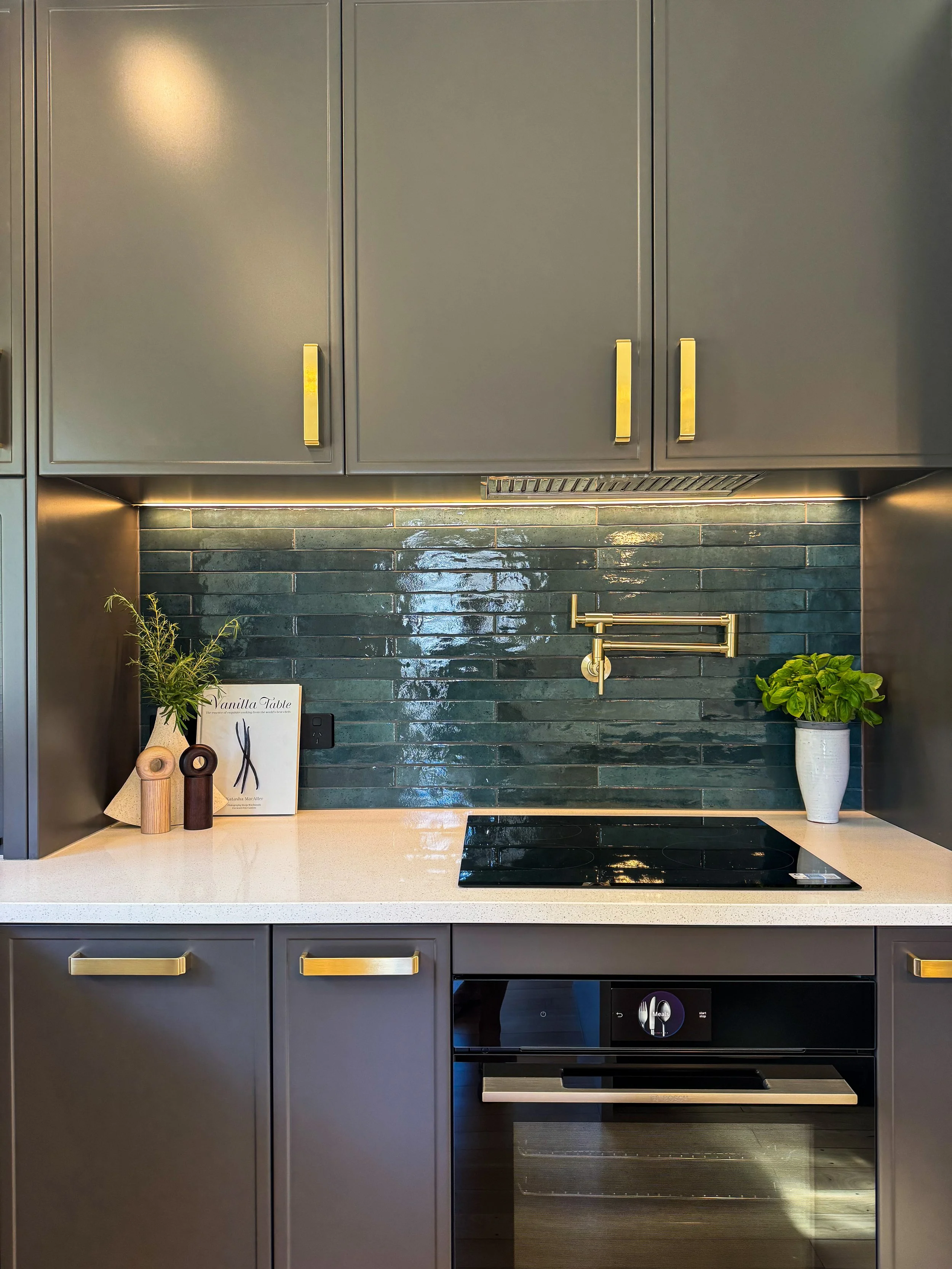 Charcoal grey, teal and gold modern  kitchen