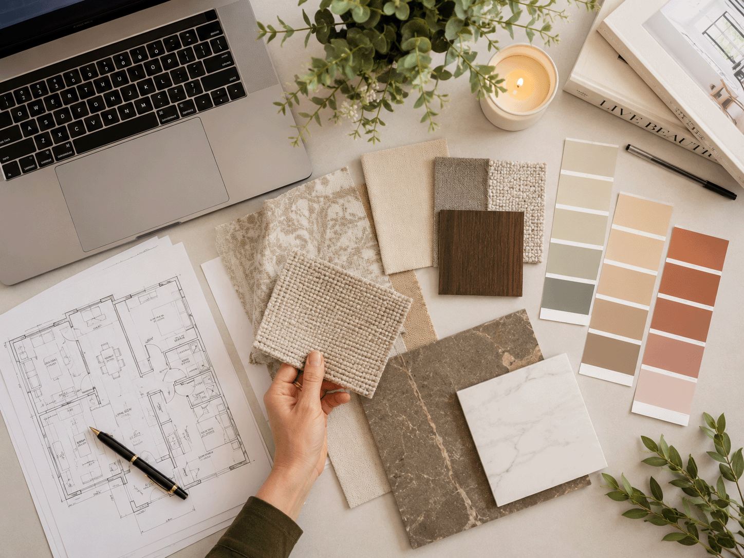 A desk with a laptop, architectural floor plan, fabric samples, paint swatches, a pen, a candle, a magazine, and a person holding fabric samples, with some greenery in the background.