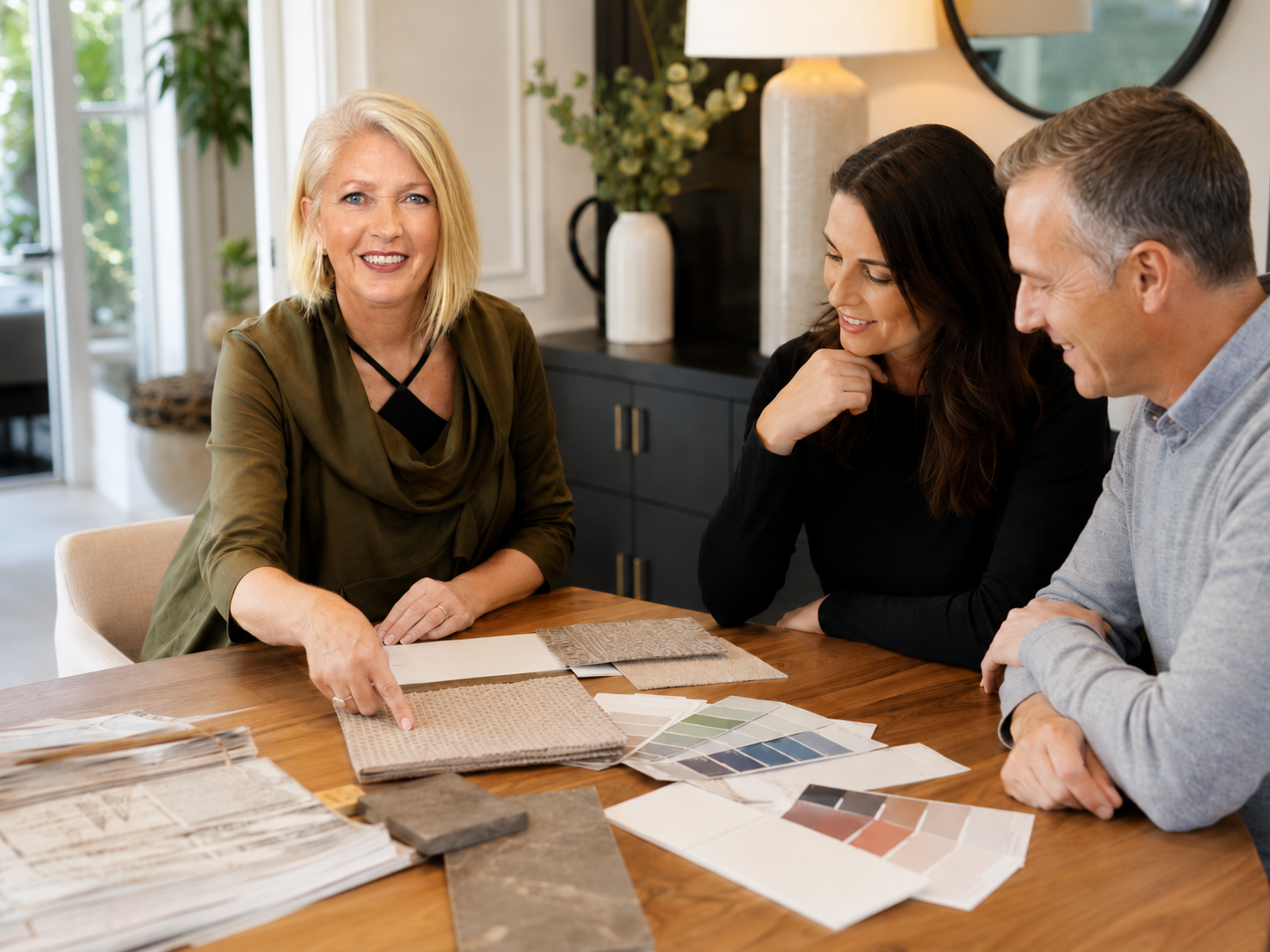 Interior designer Lianne McMahon meeting with clients for an in home interior design consultation discussing fabric and color swatches on a wooden table. Auckland home renovation.