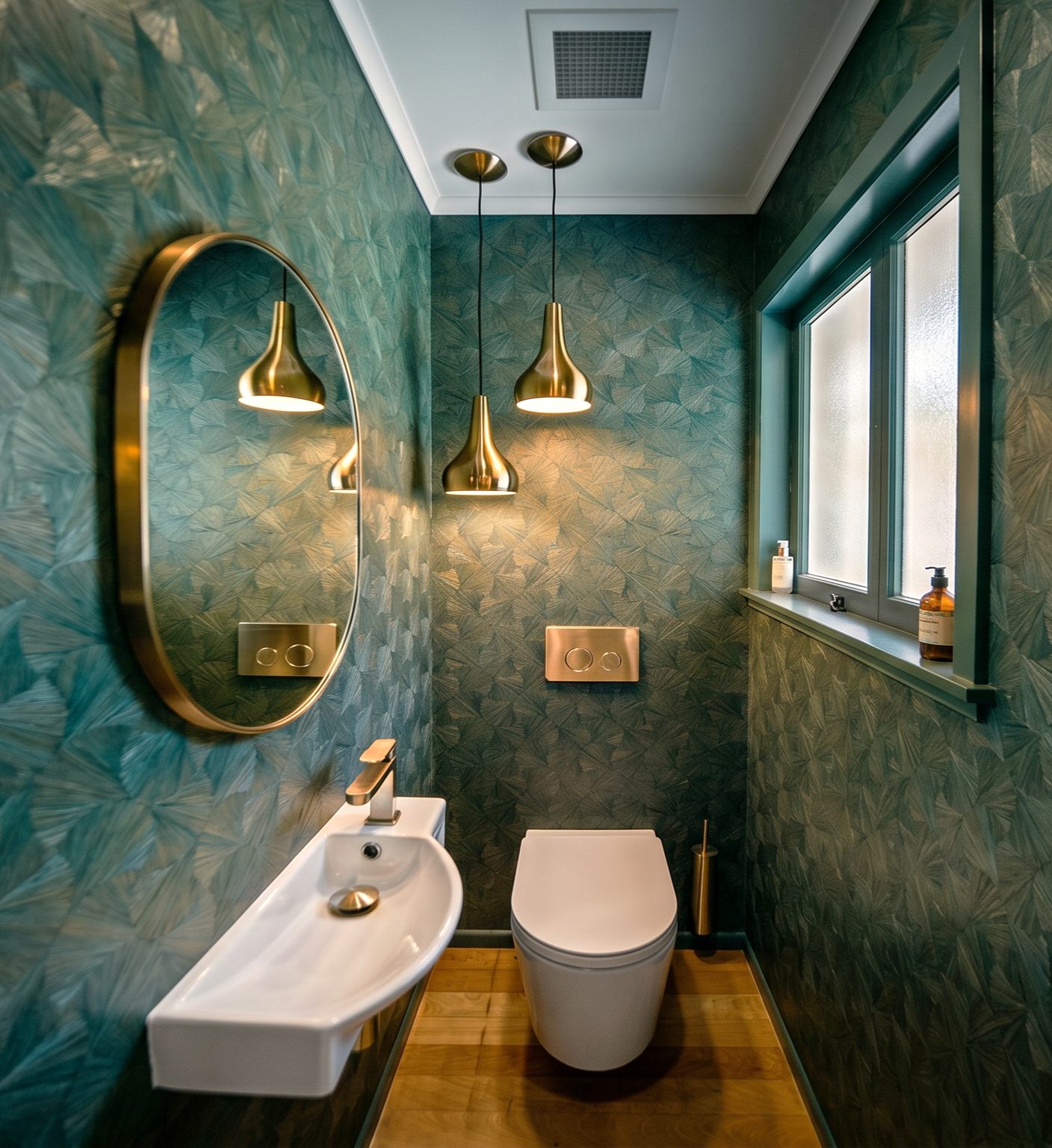 Modern design green and gold, wallpapered powder room.