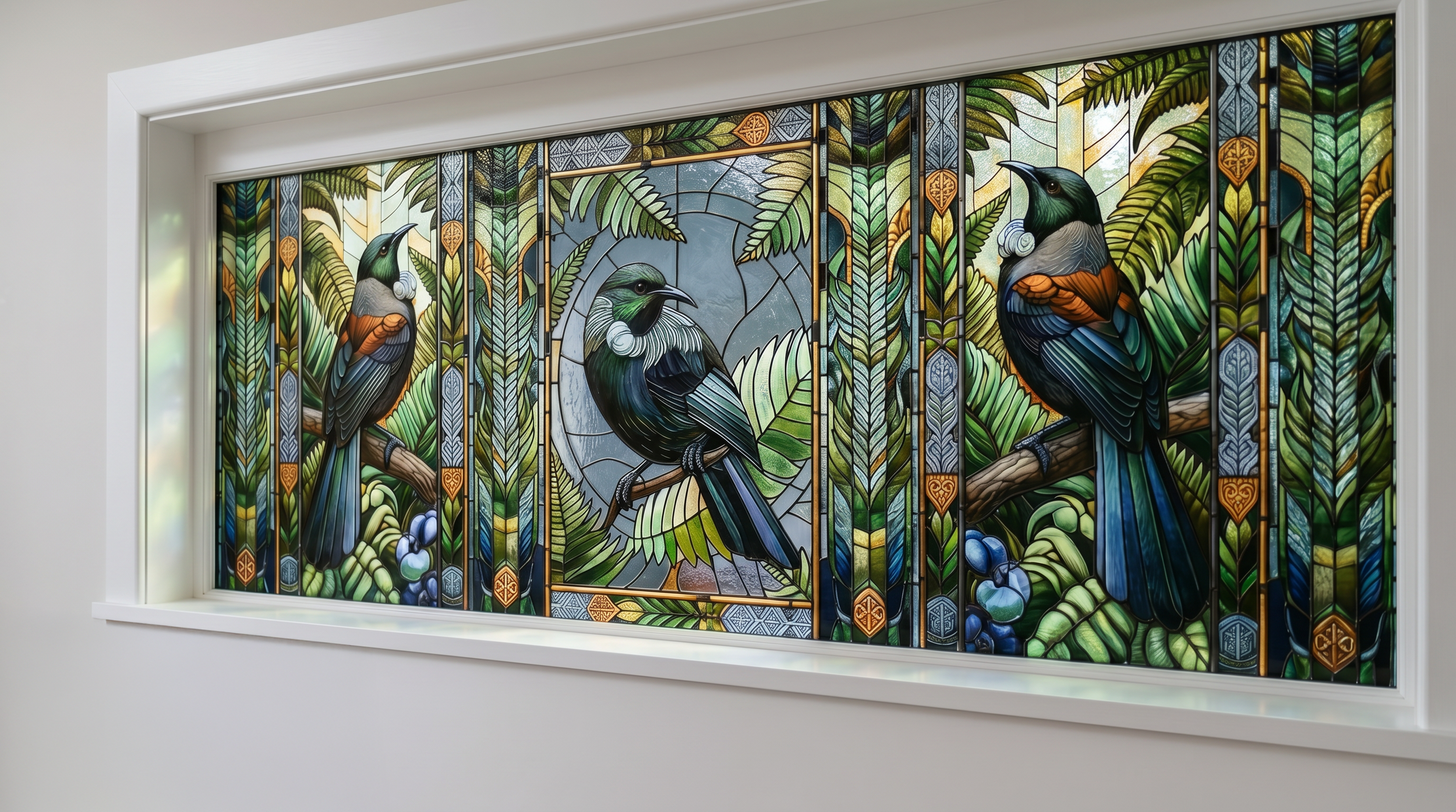 Custom Stain Glass Window  featuring 3 TUI birds of New Zealand