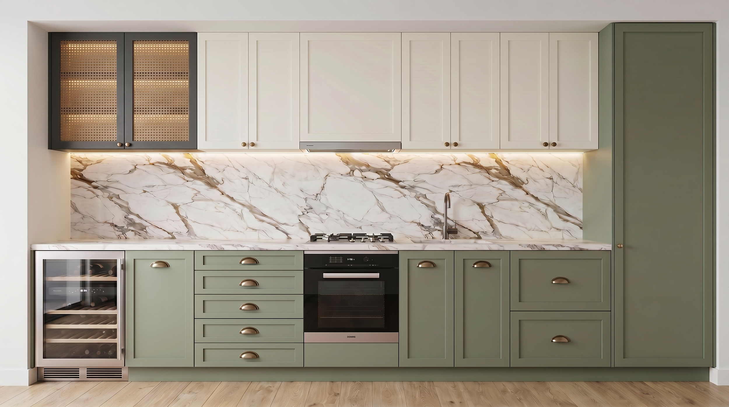 Modern kitchen with green lower cabinets, white upper cabinets, a marble backsplash, and a small wine fridge on the left.