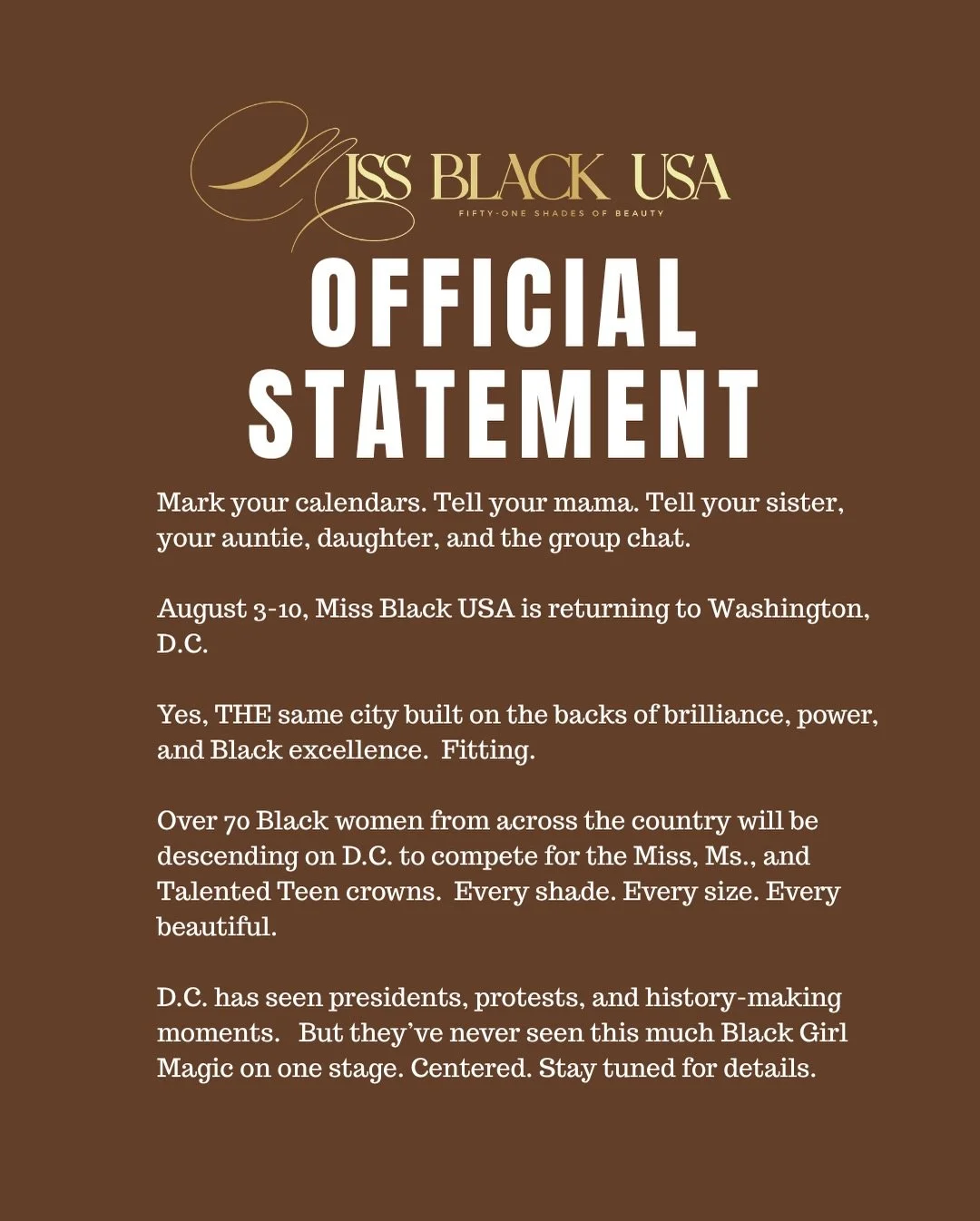 IT&rsquo;S OFFICIAL

Clear your calendars because August 3-10, 2026 is about to be the most important week of the summer in Washington D.C. 

Black women representing their states and regions from across this entire country are converging on the nati