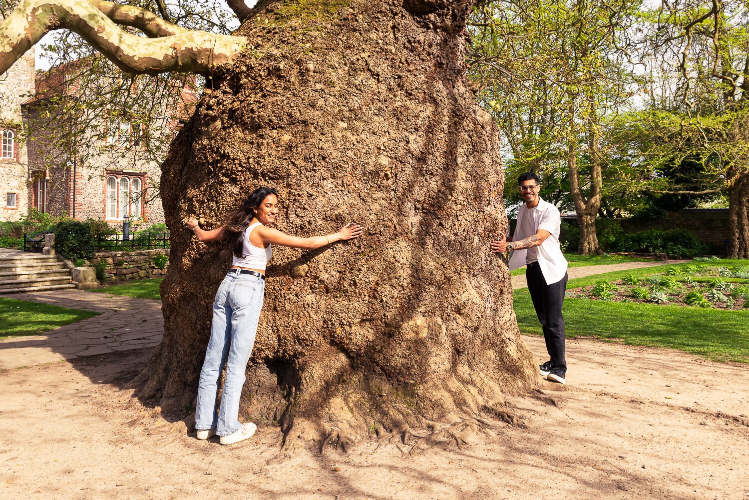 Two people hugging a large, ancient tree in a park on a sunny day, with a historic building and lush greenery in the background.