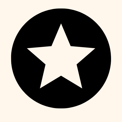 A white star inside a black circle on a beige background.