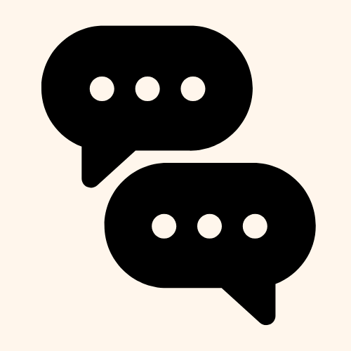 Two black speech bubbles with three dots each on a cream background, indicating conversation or communication.