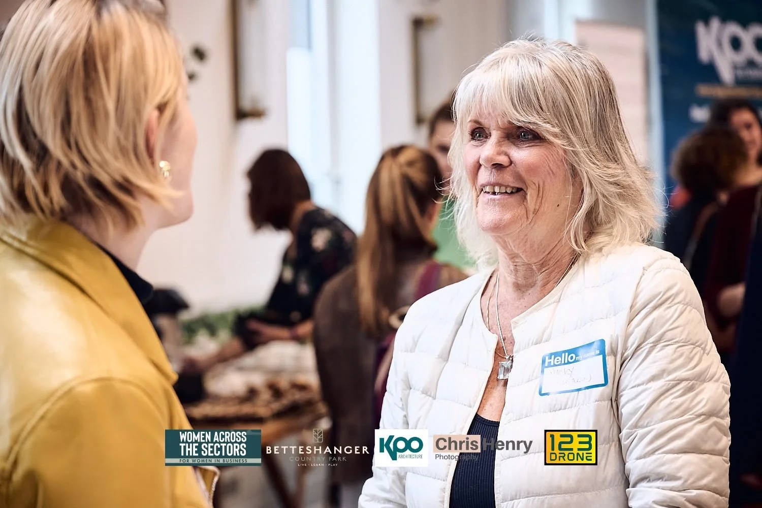 Two women conversing at a networking event, with name tags, surrounded by other attendees in an indoor setting.
