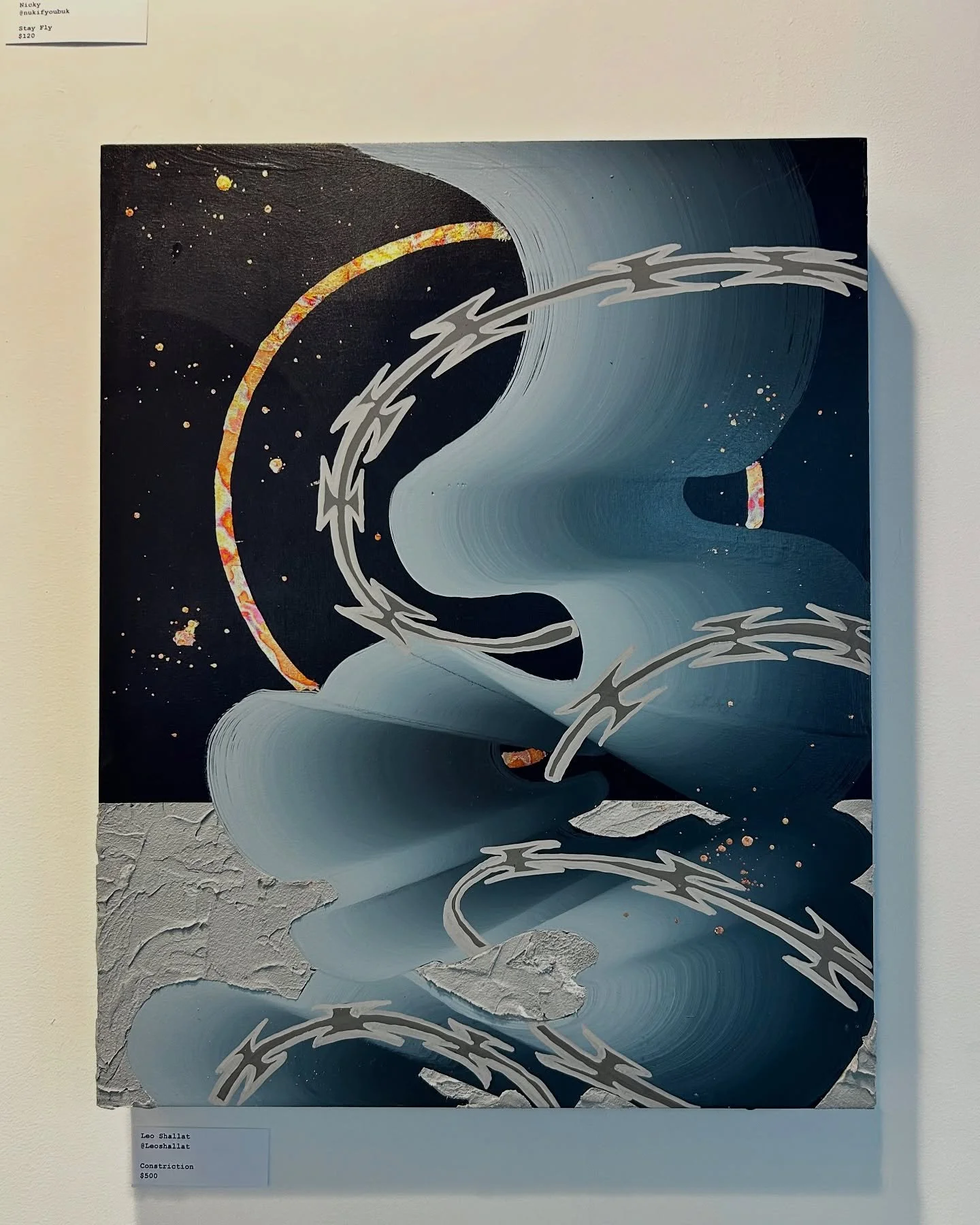 From the bay to the grey 🌪️🌩️ my piece for the &lsquo;Based&rsquo; show last night. 

Big thanks to the homies for having me, great show with good people 🖤

Constriction
Acrylic, variegated gold leaf &amp; molding paste on panel
20&rdquo; x 16&rdq