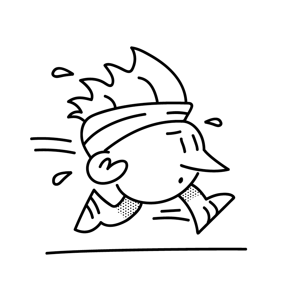 Illustration of values for architecture studio, cartoon person running with sweat beads illustrating pushing on.