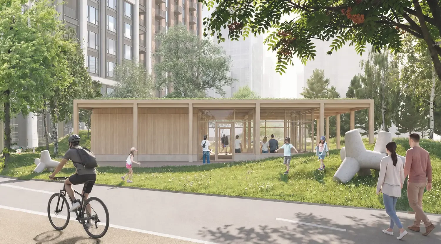 Illustration showing the elevation of a modern timber pavilion within a landscape with a residential tower behind.