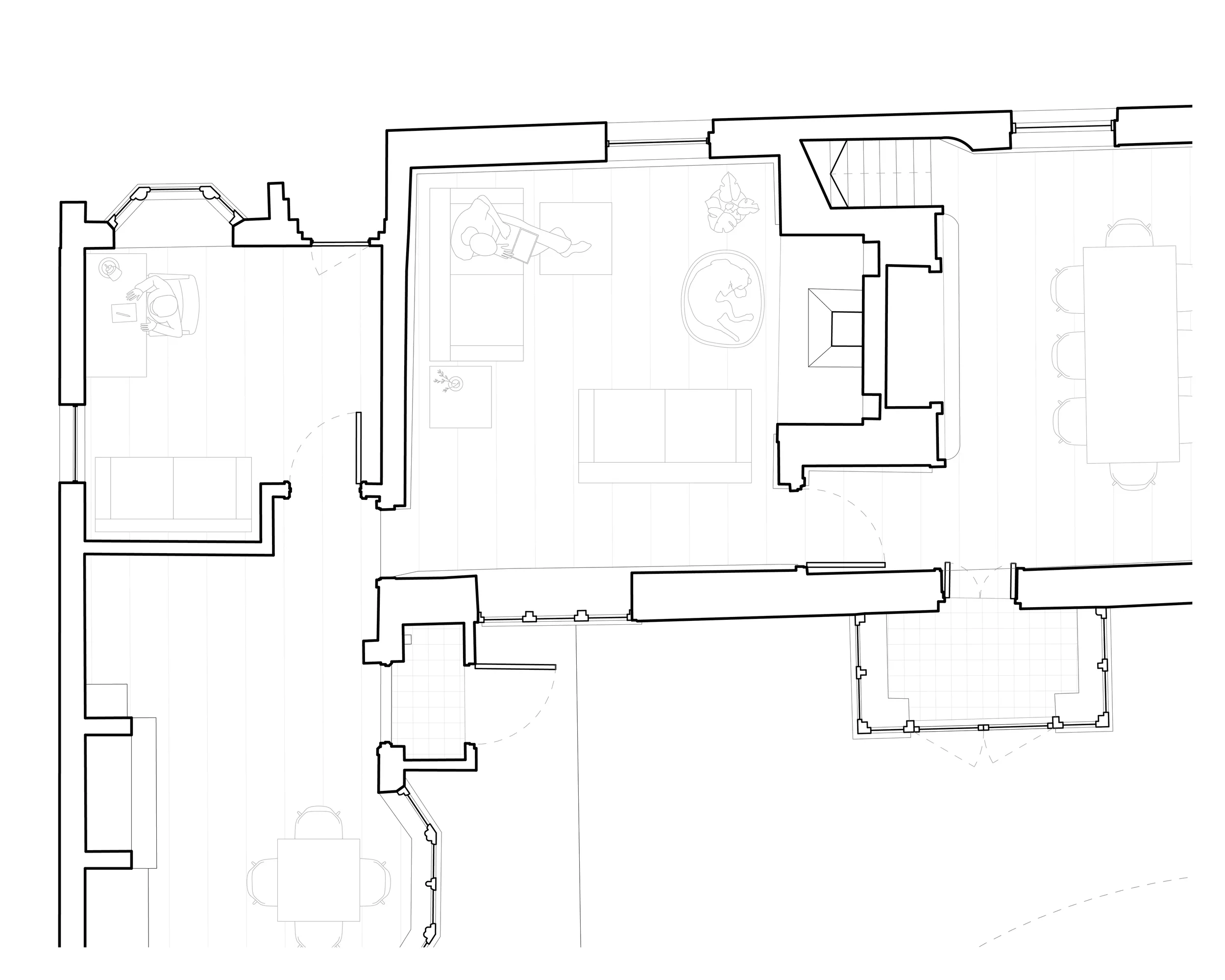 Floor plan drawing with dog next to the fire - heritage building refurbishment
