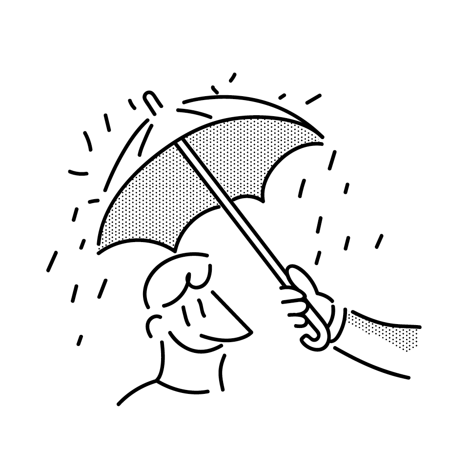 Illustration of values for architecture studio, someone offering an umbrella to shelter a person from the rain.